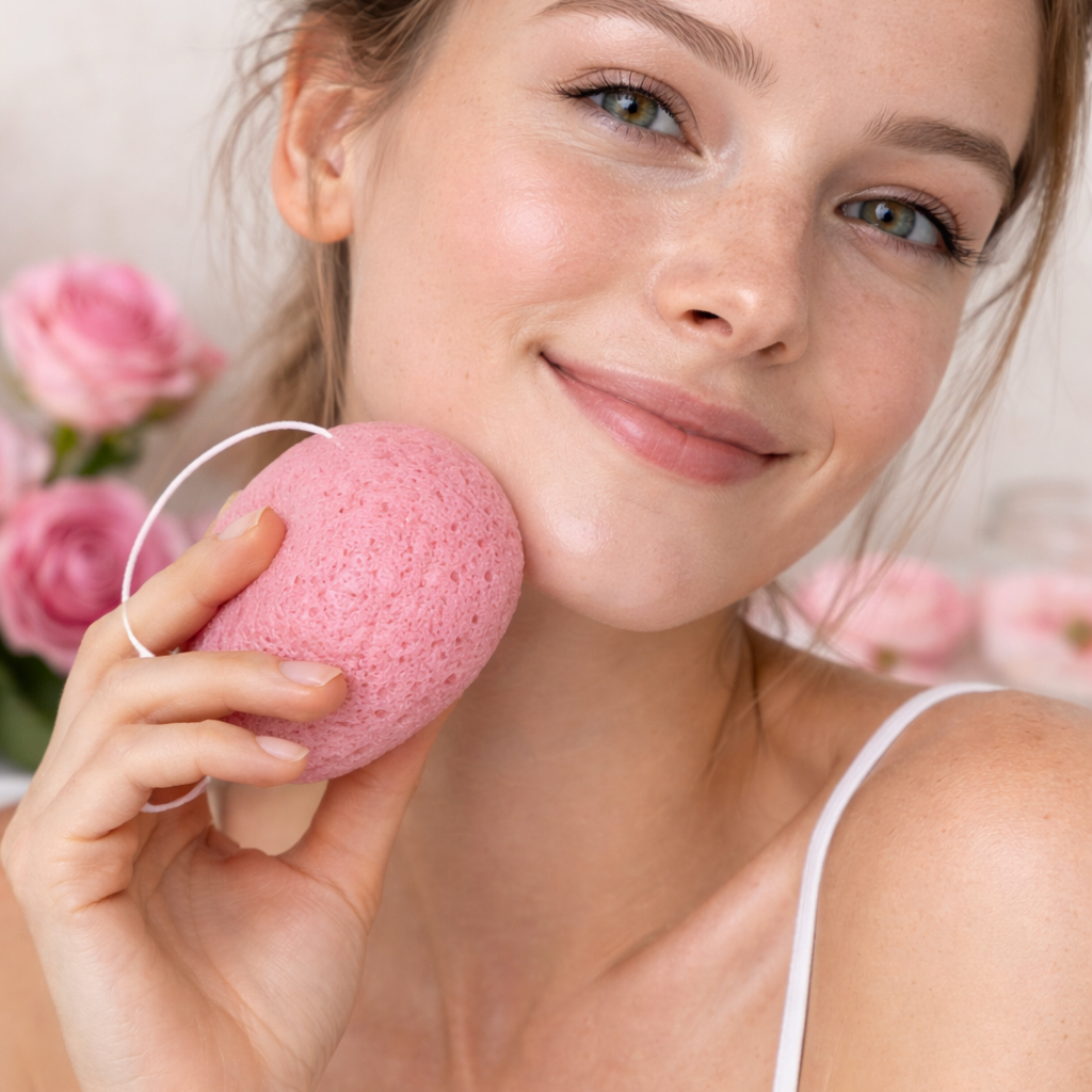 Konjac houbička s extraktem z růže – jemné čištění a zklidnění pleti3